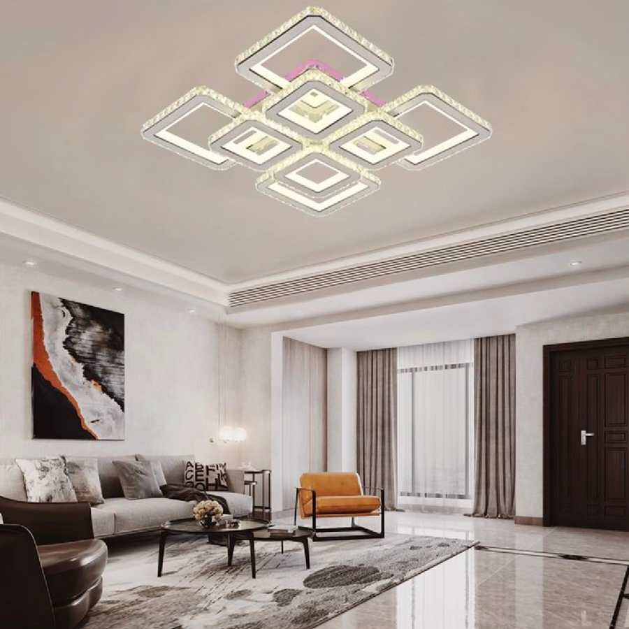 Lustra LED cu telecomanda si cristal LEILA 175W, 8 Patrate, lumina Rece/Calda/Neutra, Dimabila, Alb Crom Lucios Lustre LED cu Telecomanda Default Title Alessandro Design