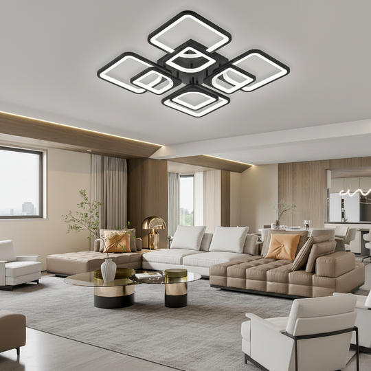 Lustre LED avec télécommande ZOE, 8 carrés, 138 W, lumière froide/chaude/neutre, variable, lustres LED noirs avec télécommande Titre par défaut Alessandro Design