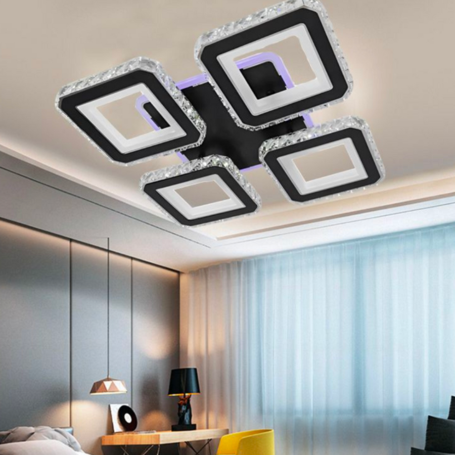 Lustre LED avec télécommande et cristal LEILA RGB 79W, 4 Carrés, Lumière Froid/Chaud/Neutre, Dimmable, Chrome Noir Brillant