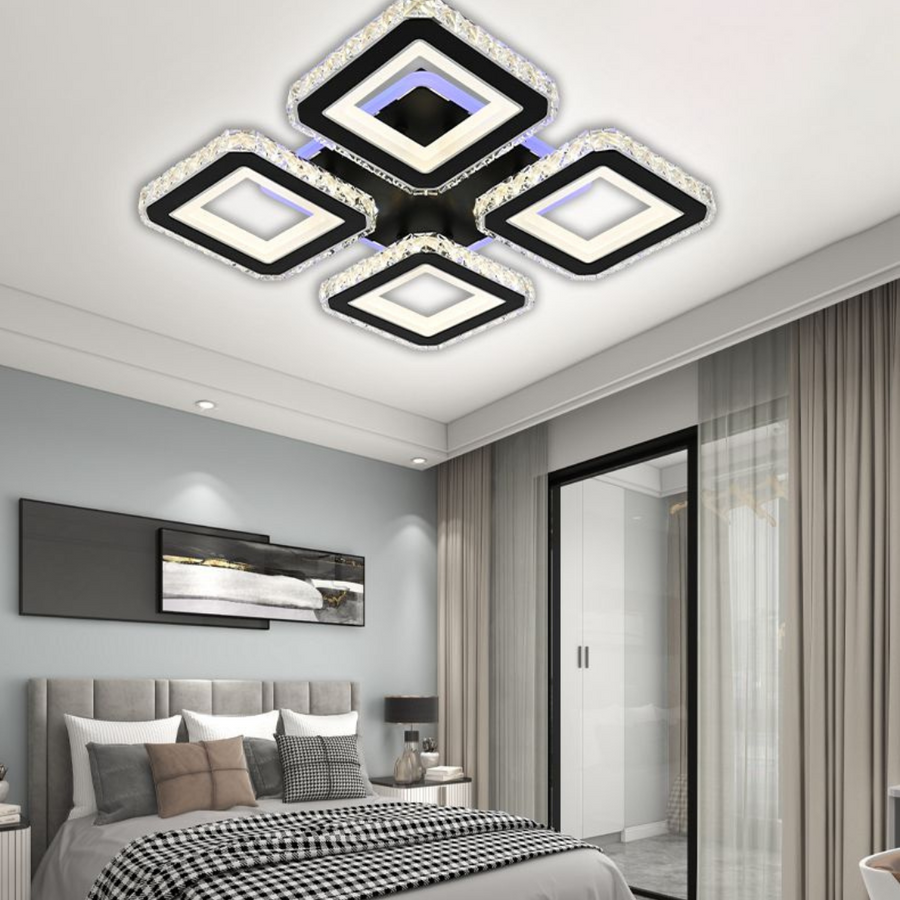 Lustre LED avec télécommande et cristal LEILA RGB 79W, 4 Carrés, Lumière Froid/Chaud/Neutre, Dimmable, Chrome Noir Brillant