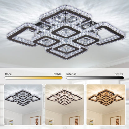 Lustre LED avec télécommande et cristal QUADRIA SUPREMO RGB 168W, 8 Carrés, Lumière Froid/Chaud/Neutre, Dimmable, Chrome Brillant