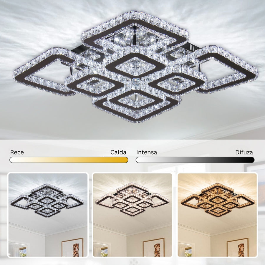 Lustre LED avec télécommande et cristal QUADRIA SUPREMO RGB 168W, 8 Carrés, Lumière Froid/Chaud/Neutre, Dimmable, Chrome Brillant