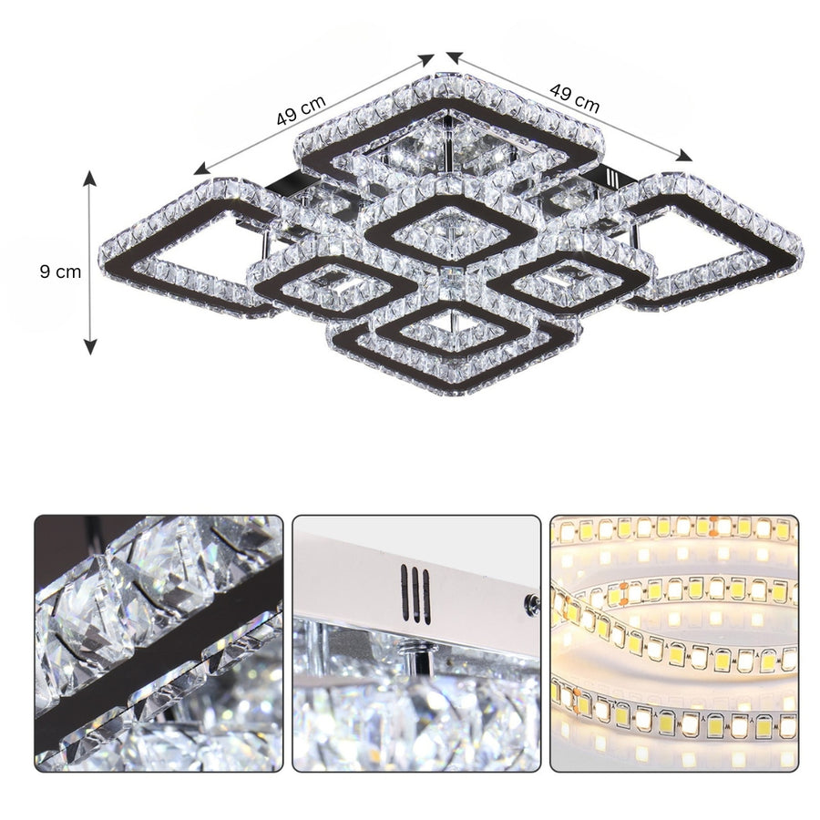 Lustre LED avec télécommande et cristal QUADRIA SUPREMO RGB 168W, 8 Carrés, Lumière Froid/Chaud/Neutre, Dimmable, Chrome Brillant