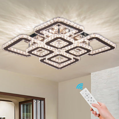 Lustre LED avec télécommande et cristal QUADRIA SUPREMO RGB 168W, 8 Carrés, Lumière Froid/Chaud/Neutre, Dimmable, Chrome Brillant