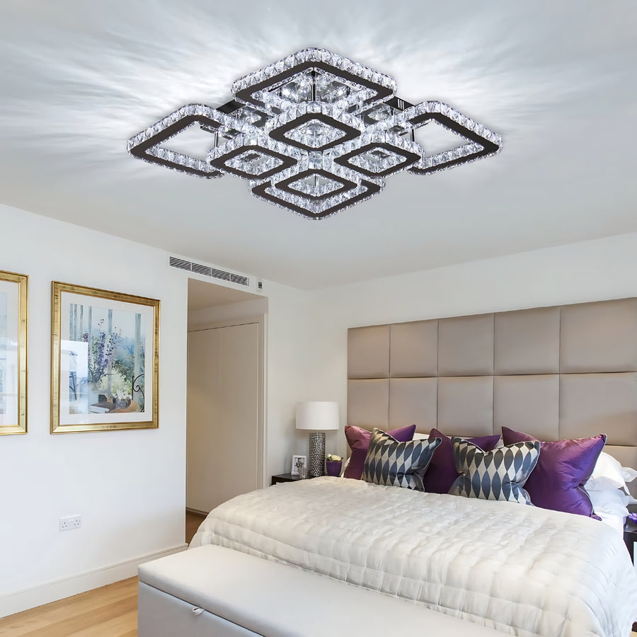 Lustre LED avec télécommande et cristal QUADRIA SUPREMO RGB 168W, 8 Carrés, Lumière Froid/Chaud/Neutre, Dimmable, Chrome Brillant