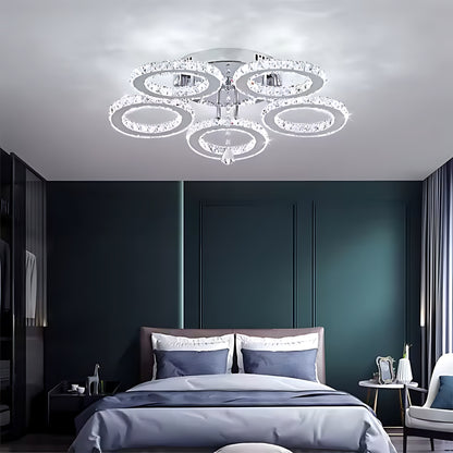 Lustre LED avec télécommande et cristal ALANUBIS 80W, 5 Cercles, Lumière Froide/Chaude/Neutre, Dimmable, Chrome Brillant