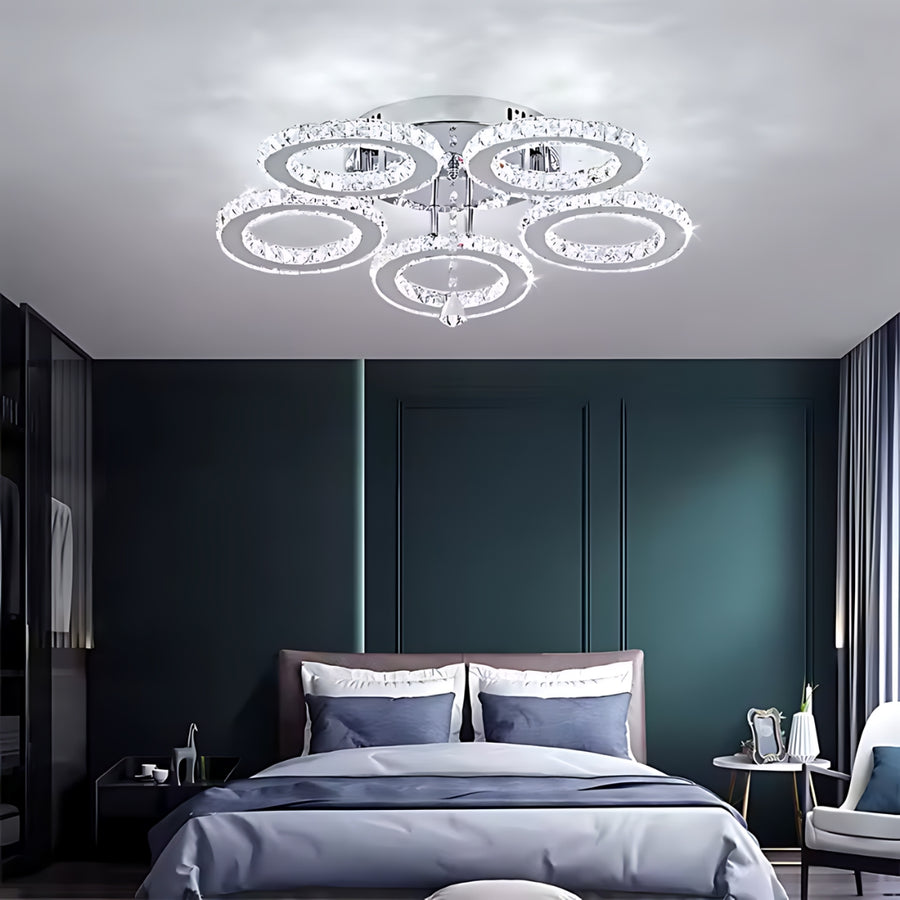 Lustre LED avec télécommande et cristal ALANUBIS 80W, 5 Cercles, Lumière Froide/Chaude/Neutre, Dimmable, Chrome Brillant