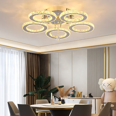 Lustre LED avec télécommande et cristal ALANUBIS 80W, 5 Cercles, Lumière Froide/Chaude/Neutre, Dimmable, Chrome Brillant