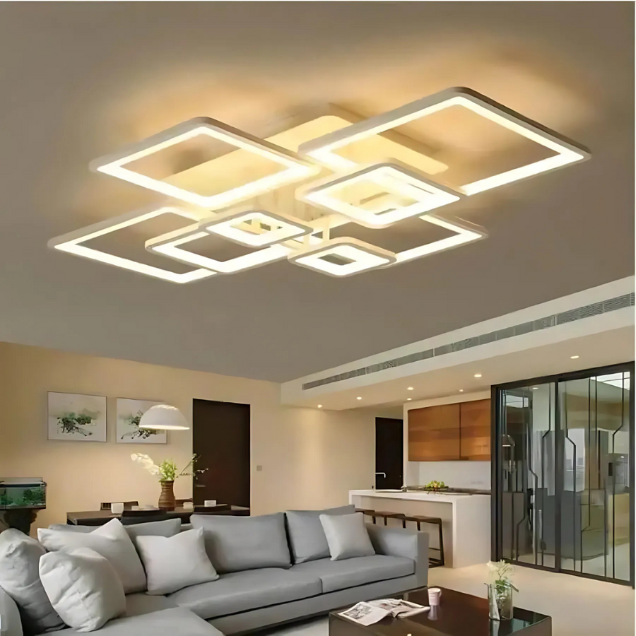 Lustre LED avec télécommande ELLA 187W, 8 carrés, Lumière Froide/Chaude/Neutre, Dimmable, Blanc