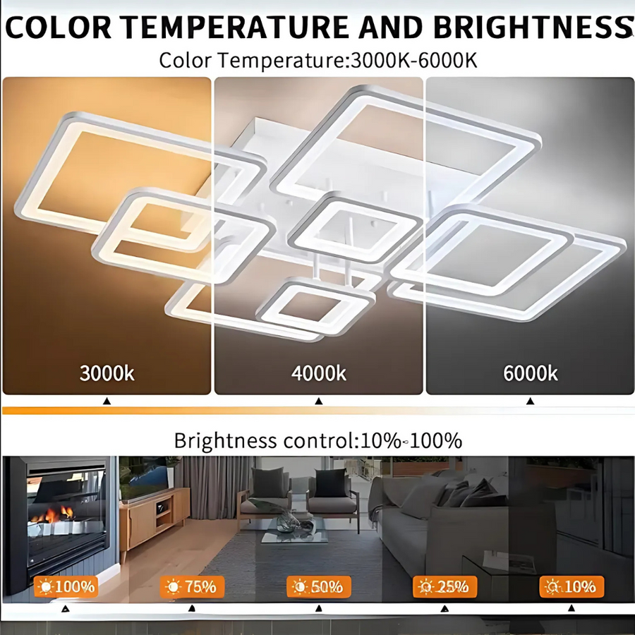 Lustre LED avec télécommande ELLA 187W, 8 carrés, Lumière Froide/Chaude/Neutre, Dimmable, Blanc