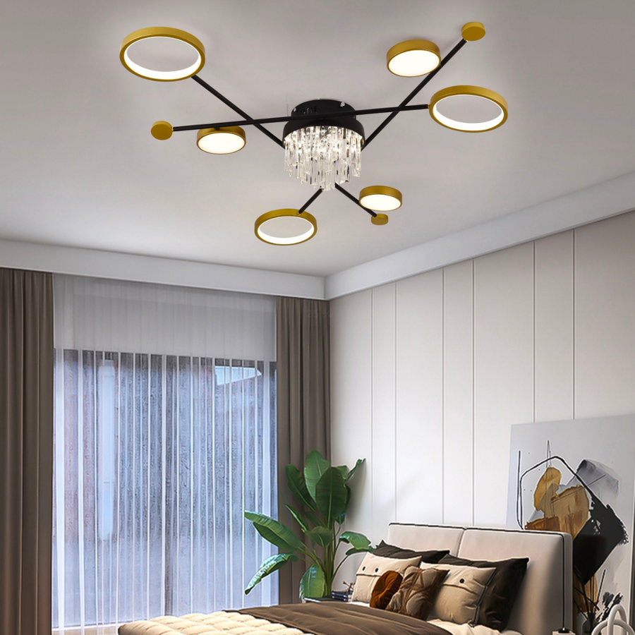 Lustre LED avec télécommande et cristal GUIDA 38W, 6 Éléments, Lumière Froide/Chaude/Neutre, Dimmable, Noir Or