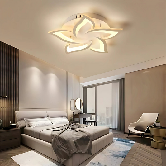 Lustre LED avec télécommande LOTUS 54W, 5 pétales, Lumière Froide/Chaude/Neutre, Dimmable, Blanc