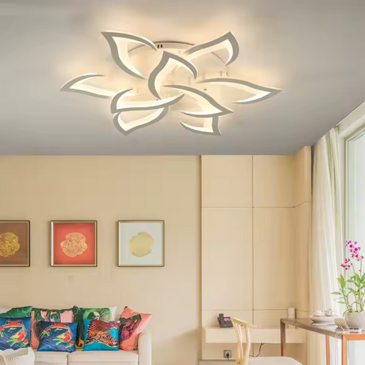 Lustre LED avec télécommande LOTUS 91W, 9 pétales, Lumière Froide/Chaude/Neutre, Dimmable, Blanc