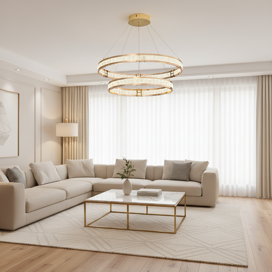 Lustre en cristal, LINDERHOF Magno, 61 W, diamètre 60 cm, lumière froide/chaude/neutre, doré, hauteur réglable