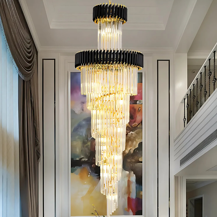 Lustre en cristal CC900/600X1800, 26xE14, diamètre 60 cm, hauteur 1800 cm, or brillant et noir, hauteur réglable, design élégant