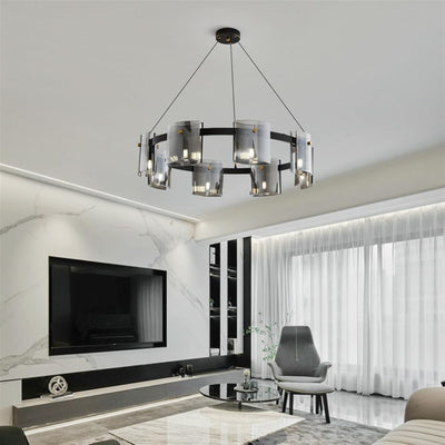 Lustre moderne, Valmontreux Largo, 8xG9, diamètre 80cm, cristaux noirs et gris, hauteur réglable, métal et cristal
