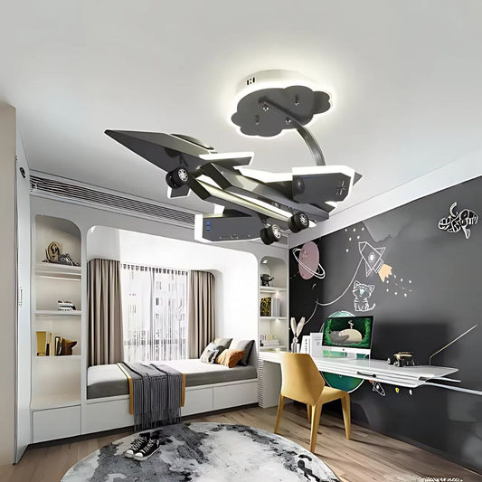 Lustre enfant LED FIGHTER, Type Avion, 100W, Lumière Froid/Chaud/Neutre, Gris Aéronautique
