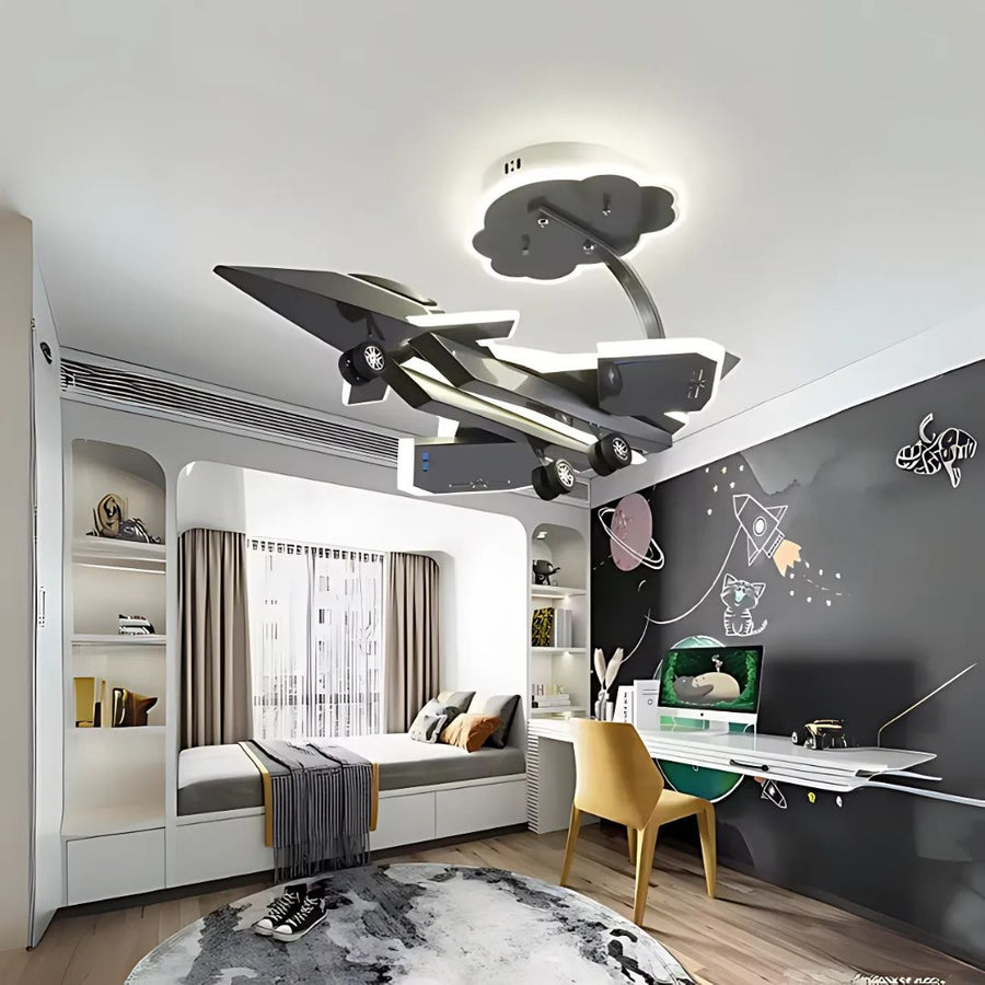 Lustre enfant LED FIGHTER, Type Avion, 100W, Lumière Froid/Chaud/Neutre, Gris Aéronautique