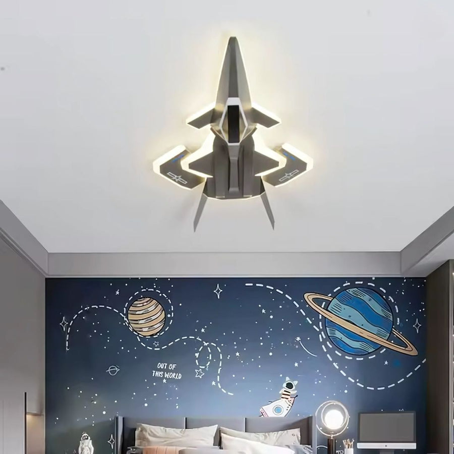 Lustre LED enfant FIGHTER, Type Avion, 101W, Lumière Froid/Chaud/Neutre, Ailes mobiles, Gris aéronautique