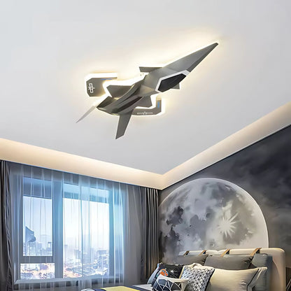 Lustre LED enfant FIGHTER, Type Avion, 101W, Lumière Froid/Chaud/Neutre, Ailes mobiles, Gris aéronautique
