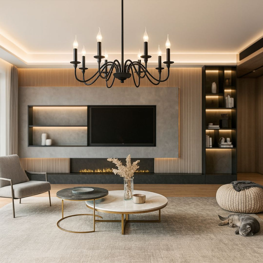 AVANT Lustre Métallique, 92cm, Type Pendule avec bras, Rond, 8xE14, Noir