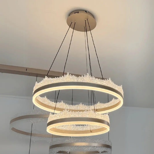 Lustre LED suspendu avec télécommande NIVALIS 126W, Cercles 40x60cm, Lumière Froide/Chaude/Neutre, Intensité Variable, Hauteur Réglable, Doré