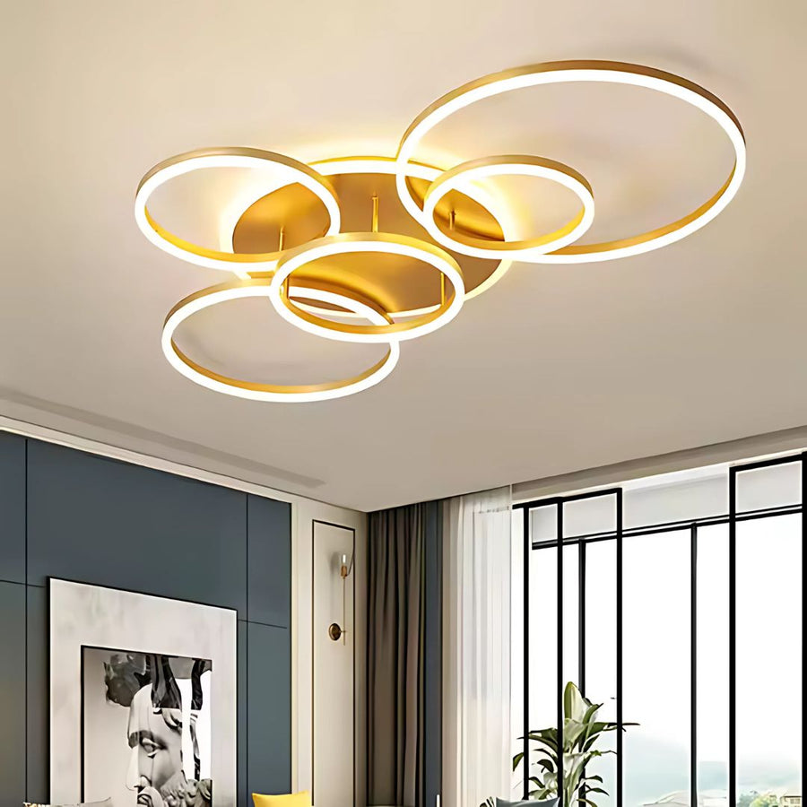 RINOVA Lustre LED avec télécommande, 5 cercles, 137W, Lumière Chaude/Froide/Neutre, Intensité Variable, Or