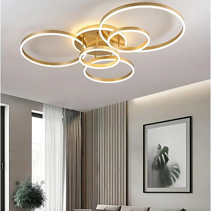 RINOVA Lustre LED avec télécommande, 5 cercles, 137W, Lumière Chaude/Froide/Neutre, Intensité Variable, Or