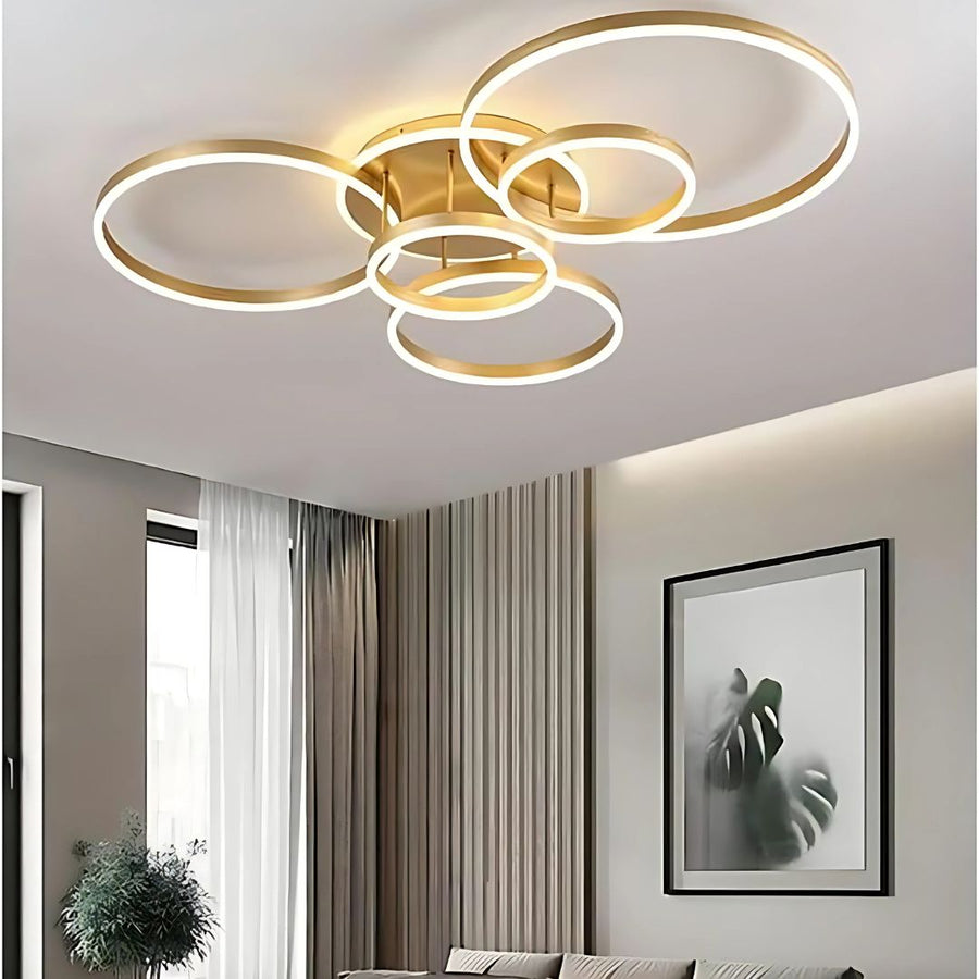 RINOVA Lustre LED avec télécommande, 5 cercles, 137W, Lumière Chaude/Froide/Neutre, Intensité Variable, Or