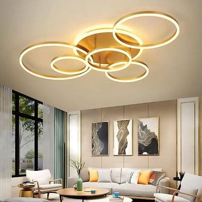 RINOVA Lustre LED avec télécommande, 5 cercles, 137W, Lumière Chaude/Froide/Neutre, Intensité Variable, Or