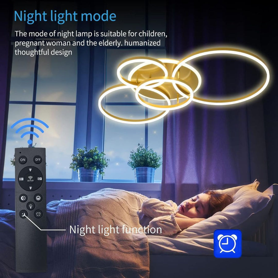 RINOVA Lustre LED avec Télécommande, 4 cercles, 112W, Lumière Chaude/Froide/Neutre, Intensité Variable, Or