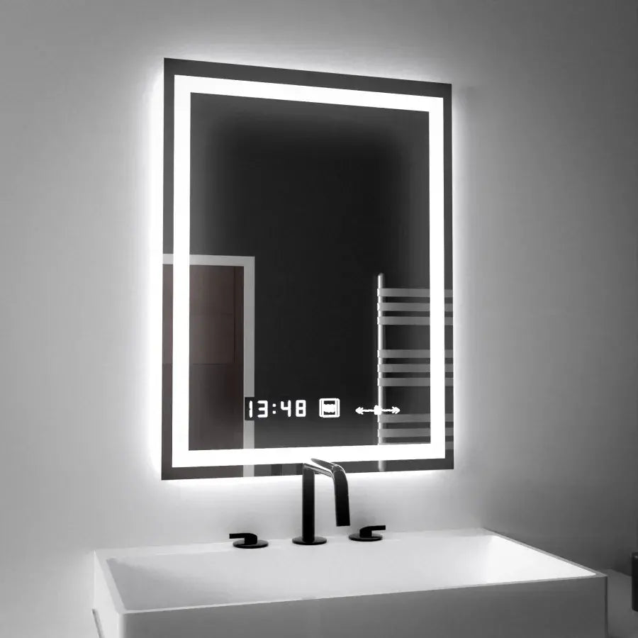 Miroir LED rectangulaire, 45x60 cm, Verite MotionGlow Marcello, système anti-buée, horloge et thermomètre, intensité variable