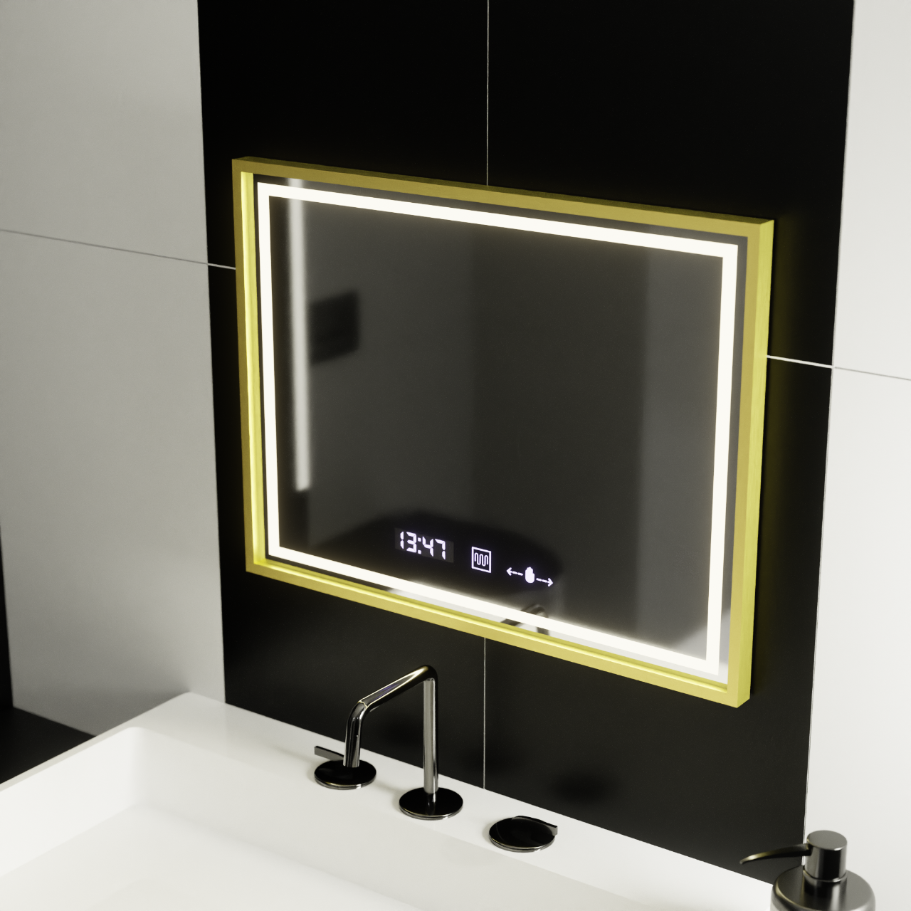 Miroir LED rectangulaire 80x60cm Verite Royale Gold avec MotionGlow, système anti-buée, horloge et thermomètre