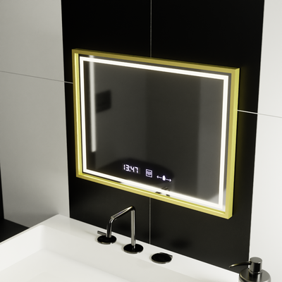 Miroir LED rectangulaire, 80x60 cm, Verite Royale Gold MotionGlow Marcello, système anti-buée, horloge et thermomètre, intensité variable