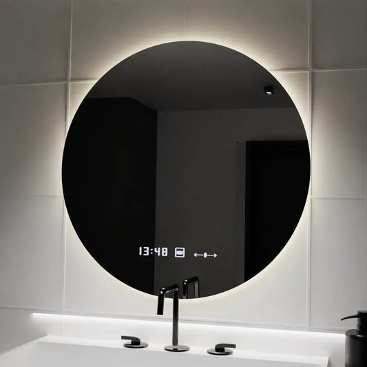 Miroir rond LED, 70 cm, Serenite MotionGlow Marcello, système anti-buée, horloge et thermomètre, intensité variable