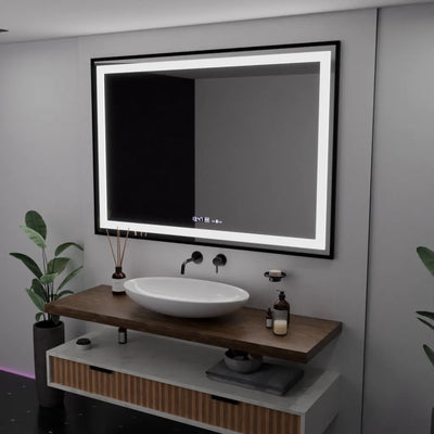 Miroir LED rectangulaire, 100x70 cm, Verite Majeste Noir Motion Glow Marcello, système anti-buée, horloge et thermomètre, intensité variable
