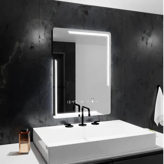 Miroir LED rectangulaire, 60x80cm, Rayonnement MotionGlow Marcello, Système anti-buée, Horloge & Thermomètre, Intensité variable