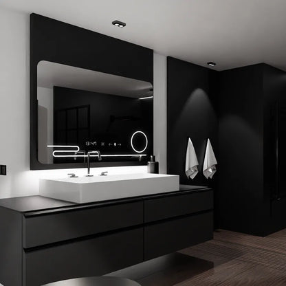 Miroir LED rectangulaire, 120x80 cm, Harmonie MotionGlow Marcello, système anti-buée, horloge et thermomètre, loupe cosmétique, intensité variable