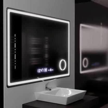 Miroir LED rectangulaire, 120x80 cm, Souverain MotionGlow Marcello, système anti-buée, horloge et thermomètre, loupe cosmétique, intensité variable