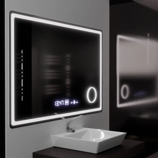 Miroir LED rectangulaire, 120x80 cm, Souverain MotionGlow Marcello, système de désembuage, horloge et thermomètre, loupe cosmétique, miroirs Marcello à intensité variable Titre par défaut Alessandro Design