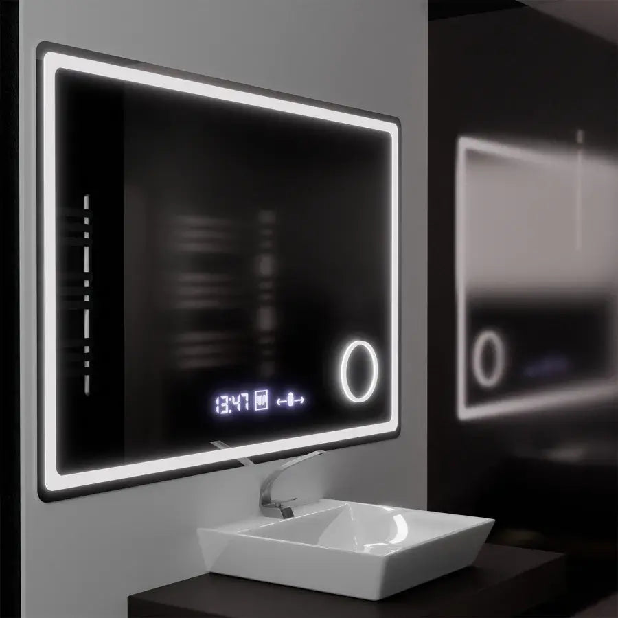 Miroir LED rectangulaire, 120x80 cm, Souverain MotionGlow Marcello, système anti-buée, horloge et thermomètre, loupe cosmétique, intensité variable