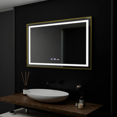 Miroir LED rectangulaire, 100 x 80 cm, Verite Royale Gold Motion Glow Marcello, système anti-buée, horloge et thermomètre, intensité variable