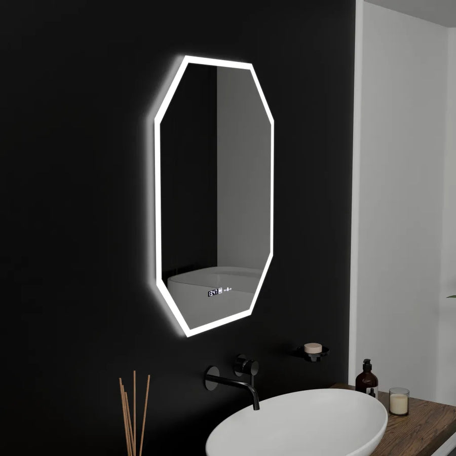Miroir LED polygone, 60X80cm, capteur Hexaluce MotionGlow Marcello, système anti-buée, horloge et thermomètre, dimmable