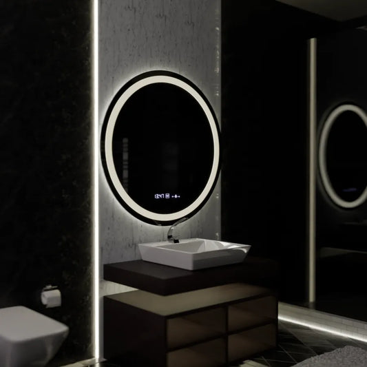 Miroir rond LED, 100 cm, Celeste MotionGlow Marcello, système anti-buée, horloge et thermomètre, intensité variable