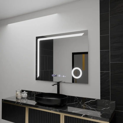 Miroir LED rectangulaire, 100x80 cm, Precision MotionGlow Marcello, système anti-buée, horloge et thermomètre, loupe cosmétique, variable