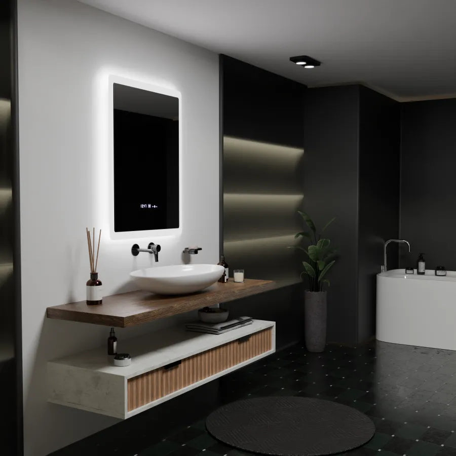Miroir LED rectangulaire, 60x80cm, capteur ELANCEE MotionGlow Marcello, système anti-buée, horloge et thermomètre, intensité variable