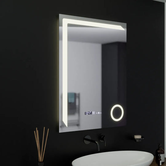 Miroir LED rectangulaire, 60 x 80 cm, Precision MotionGlow Marcello, système de désembuage, horloge et thermomètre, loupe cosmétique, miroirs à intensité variable Marcello Titre par défaut Alessandro Design