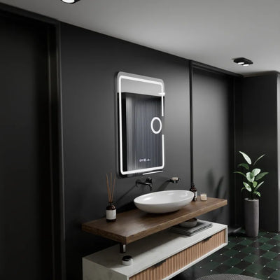 Miroir LED rectangulaire, 50x70 cm, Eclat MotionGlow Marcello, système anti-buée, horloge et thermomètre, loupe cosmétique, intensité variable
