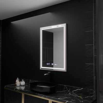 Miroir LED rectangulaire, 60x80 cm, Verite Imperial Silver Motion Glow Marcello, système anti-buée, horloge et thermomètre, intensité variable