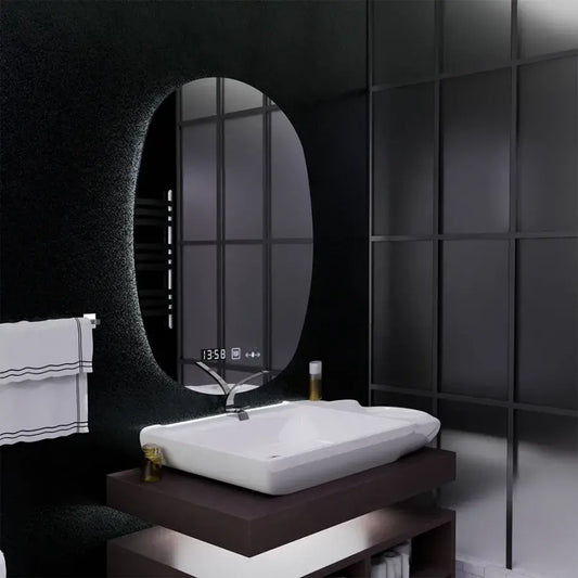 Miroir LED ovale, 60x80cm, capteur Ranya Marcello MotionGlow, système anti-buée, horloge et thermomètre, Dimabila